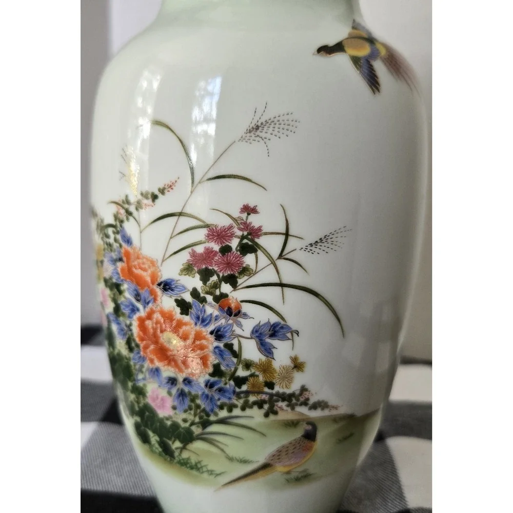 VTG MCM TOYO Japan Ceramic Vase Gold Trim Flowers‎ Birds Garden Gift